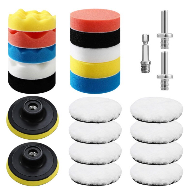 El fabricante suministra un kit de esponjas para pulir automóviles de 22 piezas, una rueda de pulido de esponja autoadhesiva y un juego de ruedas de lana para usar con taladro eléctrico.