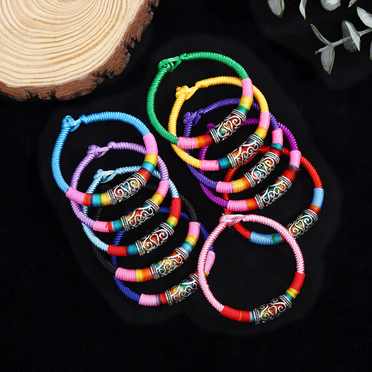 Ethnic Xizang Style Diamond Knot Colorful Woven Bracelet Scenic Spot Imitation Miao Silver Hollow Totem Single Knot Rainbow Hand Rope