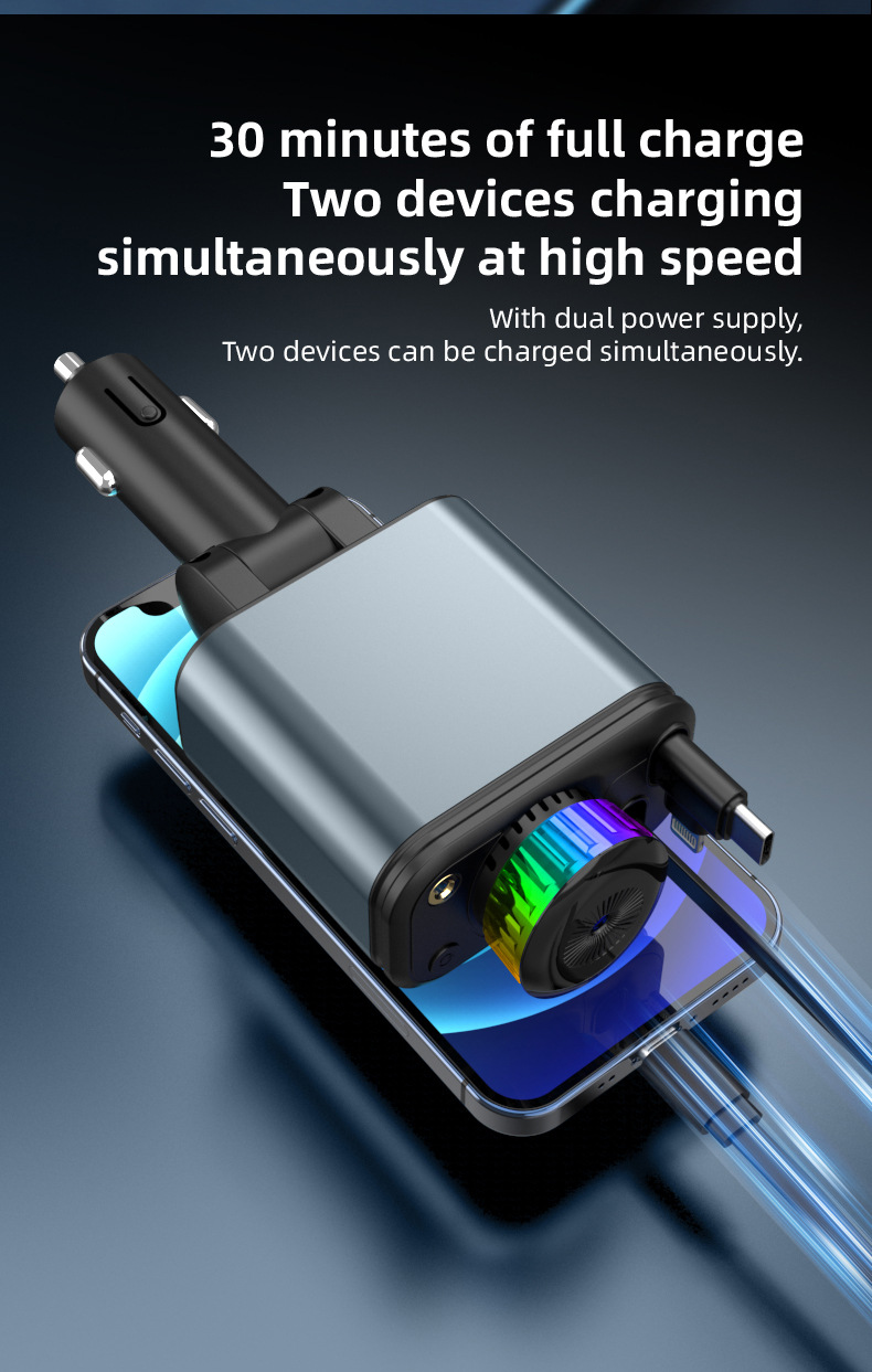 Car fast charger with starry sky light, ambient light, aromatherapy diffuser, Bluetooth MP3 player, retractable data cable