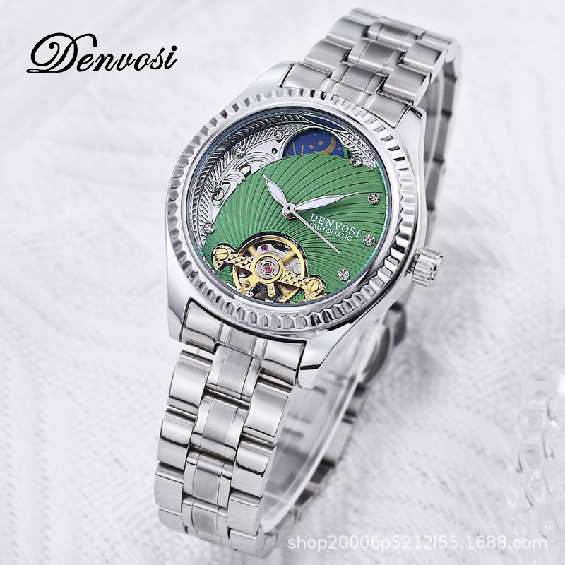 Trendy Moon Phase Watch Multifunctional Hollow Fully Automatic Mechanical Watch Luminous Waterproof Cross-Border Women's Watch Wholesale