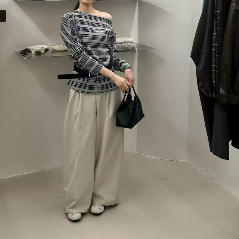 撞色条纹斜肩配腰带长袖T恤女2025早秋新款洋气宽松时尚百搭上衣|undefined