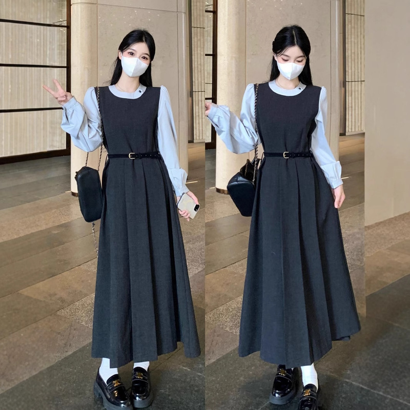 Plus Size Fat mm French Fake Two-Piece Long-Sleeved Dress for Women 2025 Autumn and Winter Slimming Look Korean Style Long Skirt Plus Size Fat mm French Fake Two-Piece Long-Sleeved Dress for Women 2025 Autumn and Winter Slimming Look Korean Style Long Skirt