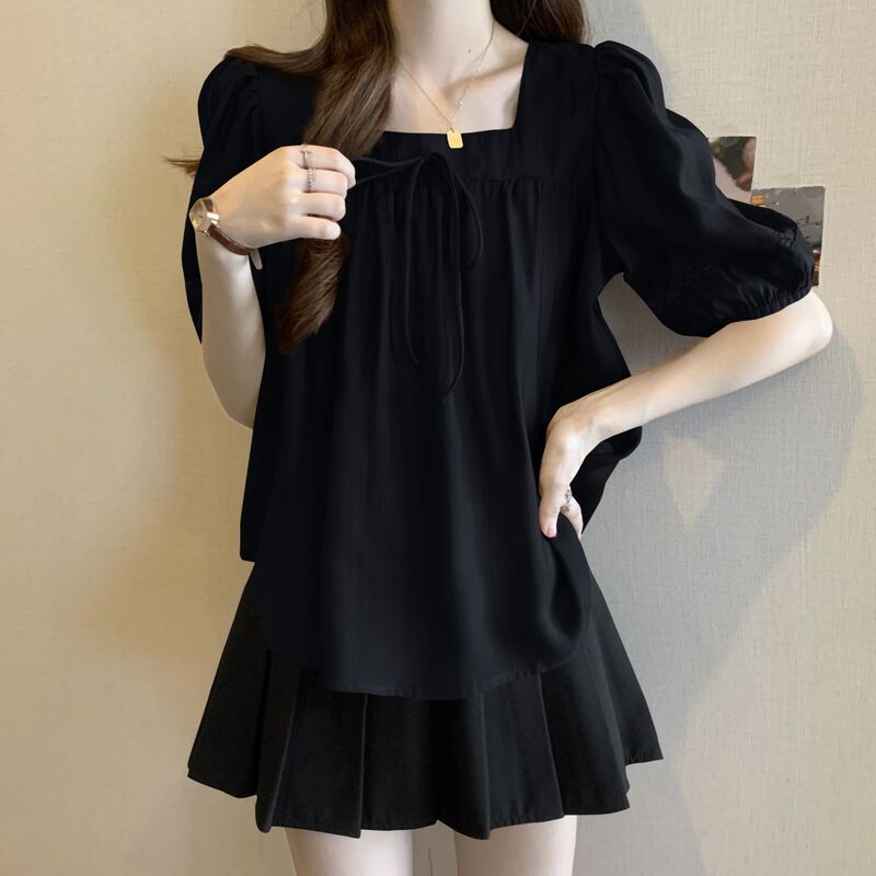 Plus Size Square Neck Bow Short-Sleeved T-Shirt for Women Summer New Loose Slimming Look Niche Versatile Right Shoulder Top