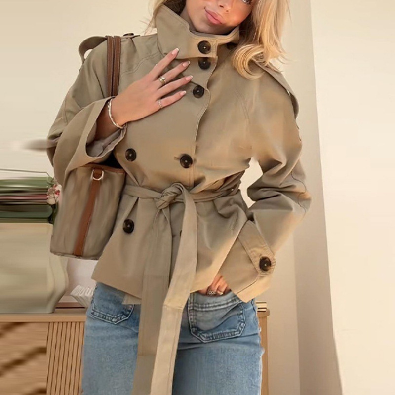 Source Factory Cross-Border 2025 New Vintage Lapel Double-Breasted Tie-Waist Versatile Long-Sleeve Short Trench Coat