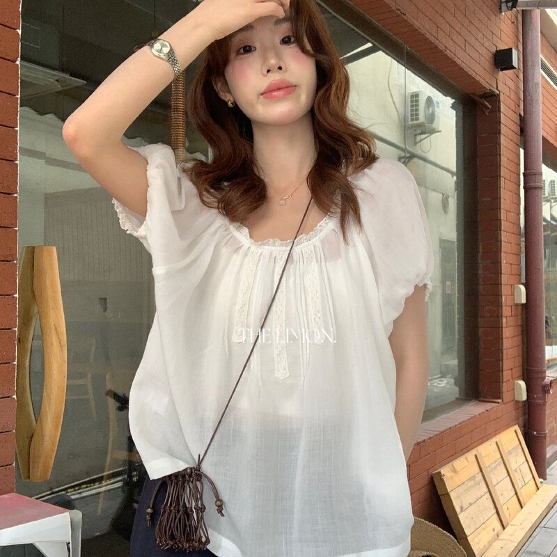Lemon Green Tea French Sweet Style Puff Sleeve Ramie Shirt for Women, Summer Off-Shoulder Ruffled Loose Top Lemon Green Tea French Sweet Style Puff Sleeve Ramie Shirt for Women, Summer Off-Shoulder Ruffled Loose Top
