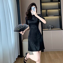 黑色国风新中式优雅盘扣修身旗袍裙子女夏天新款小个子显瘦小黑裙