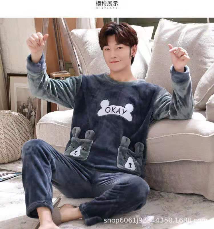 睡衣男冬加绒加厚青年法兰绒秋冬套装男士大码珊瑚绒家居服