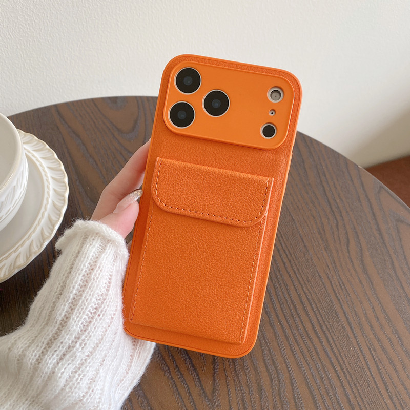 Suitable for Iphone17Promax Mobile Phone Case Plain Leather Pebbled Card Holder Bracket Apple 16 Cross-Border 15 Anti-Fall Cover Suitable for Iphone17Promax Mobile Phone Case Plain Leather Pebbled Card Holder Bracket Apple 16 Cross-Border 15 Anti-Fall Cover