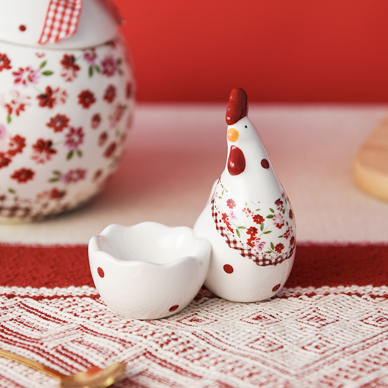 INS estilo vajilla rojo floral pollo cerámica huevo taza bandeja de huevo creativo pollo huevo taza de Pascua