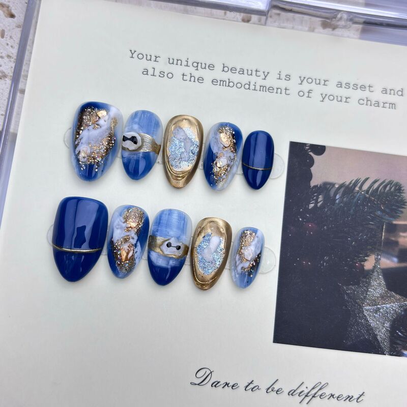 [Sea Stone Blue] Handmade Wearable Nails, Hand-Dyed Whitening, Casual Niche Designer Wearable Nail Art Finished Products Wholesale