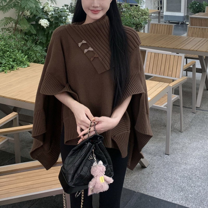 2025 韓国スタイルの怠惰なスタイルの多用途ニットマントセーター女性のルーズアウターワンショルダーニットブラウスジャケット女性|undefined