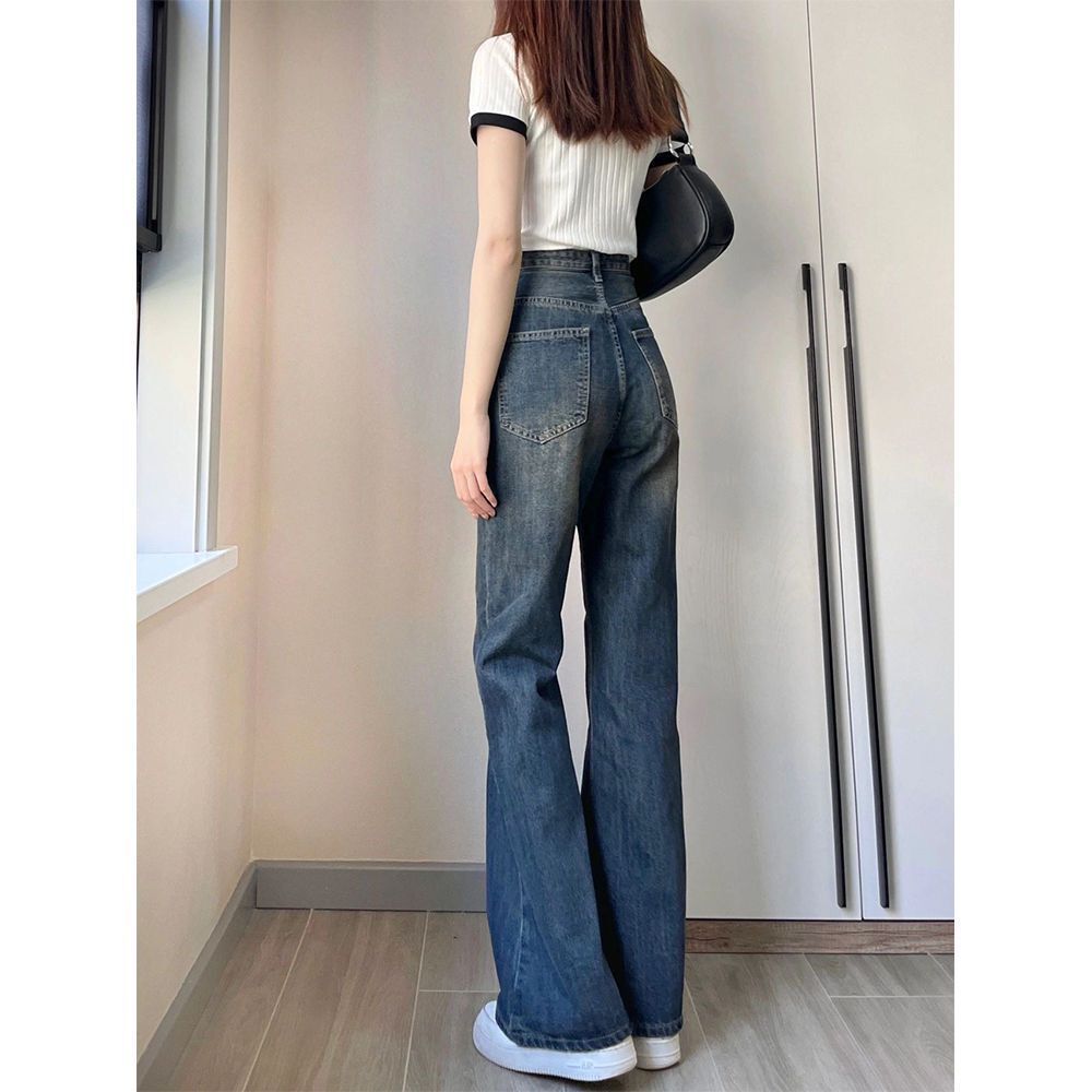 American Retro Washed Blue Micro-flared Jeans for Women Spring High-waist Slim Straight Stretch Wide-leg Long Pants