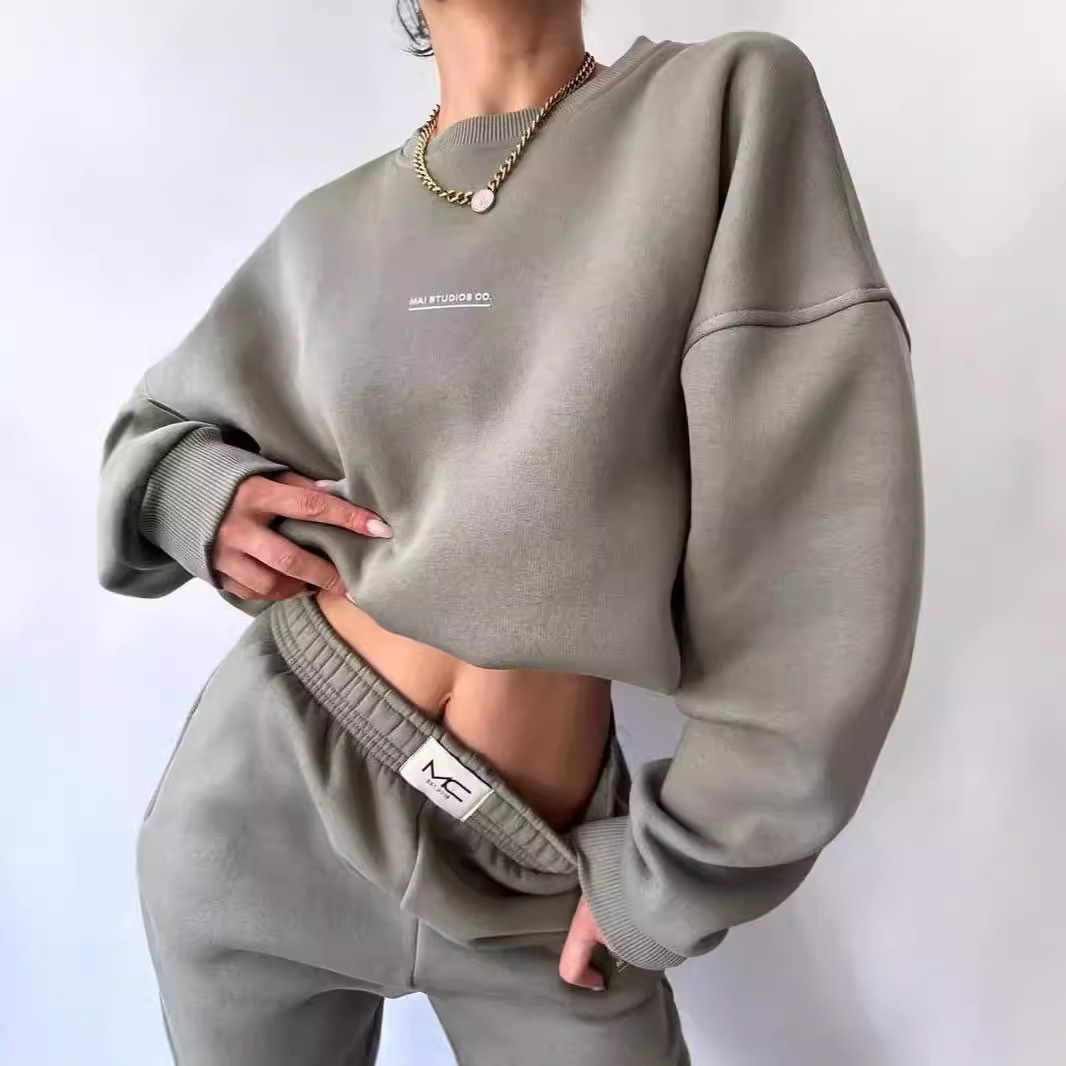 Damkläder ny kostym långärmad rundhalsad casual sweatshirt elastiska sportbyxor tvådelad kostym_voghion.com