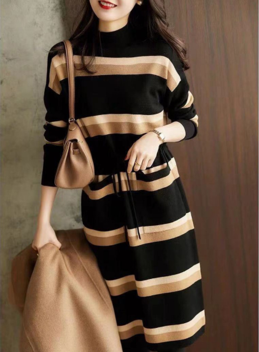 Fall/Winter 2022 new mid-length temperament waist age-reducing slimming long sleeve striped sweater knitted dress for women
