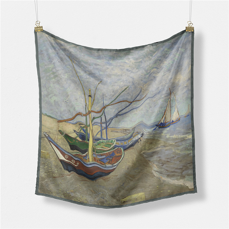 Van Gogh pintura al óleo flor artística pequeña bufanda cuadrada nueva 53cm de seda artificial de las mujeres bufanda decorativa bufanda de doble uso