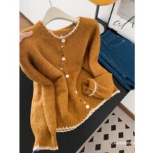 韩系彩扣撞色南瓜色毛衣外套女秋冬季可内搭外穿短款针织开衫上衣