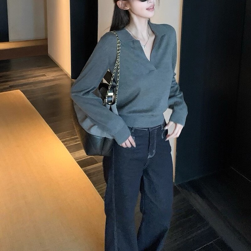 高智淡人毛衣 老钱风Polo领针织衫女慵懒休闲V领长袖上衣|undefined