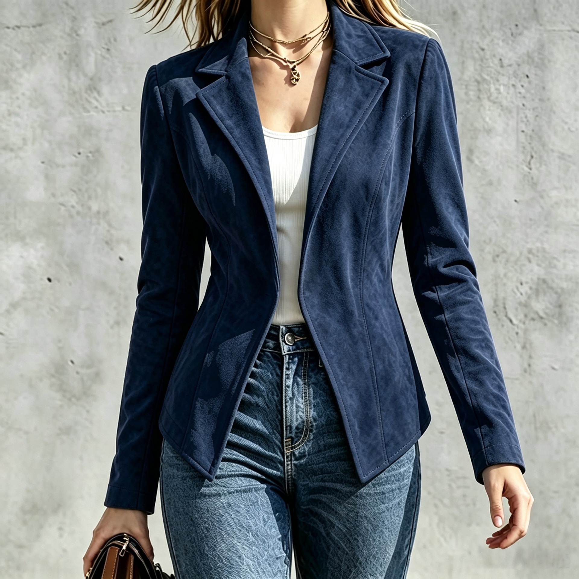 European and American retro women's coat, autumn and winter new style, suede slim fit lapel, buttonless long-sleeved jacket top