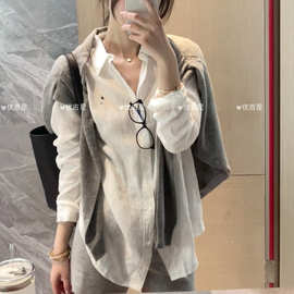 新款拉夫RL军亚麻衬衫女橙色马标刺绣老钱风轻奢贵气衬衣上衣