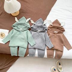 ins2023 autumn and winter baby hooded sweater set Newborn male and female baby solid color rabbit hat two-piece set
