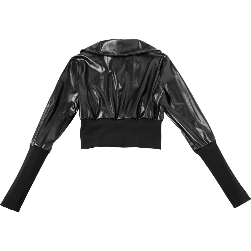 Winter Sexy Slim Short Patchwork Sweatshirt Solid Color Faux Leather Zipper Top