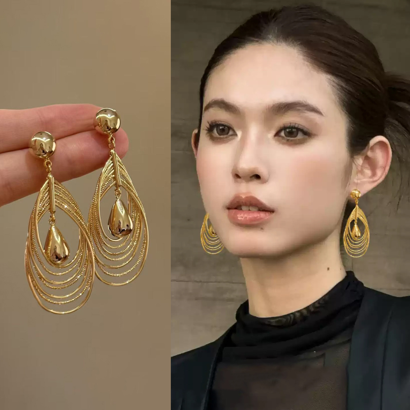 Silver Needle Twisted Water Drop Hollow Multi-Layer Pendant Earrings Cross-Border Light Luxury Temperament Earrings Niche High-End Earrings for Women