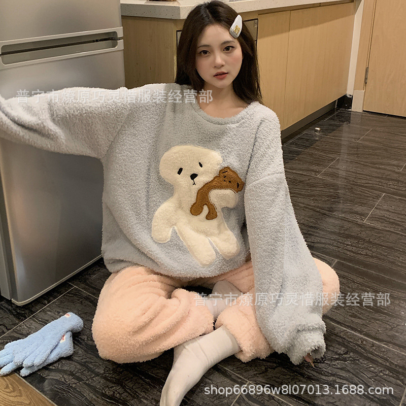 Winter Coral Velvet Pajamas for Women, Autumn and Winter New Style, Fleece-Lined and Thickeneded Winter Style, Cute Flannel Home Clothes, Winter Suit