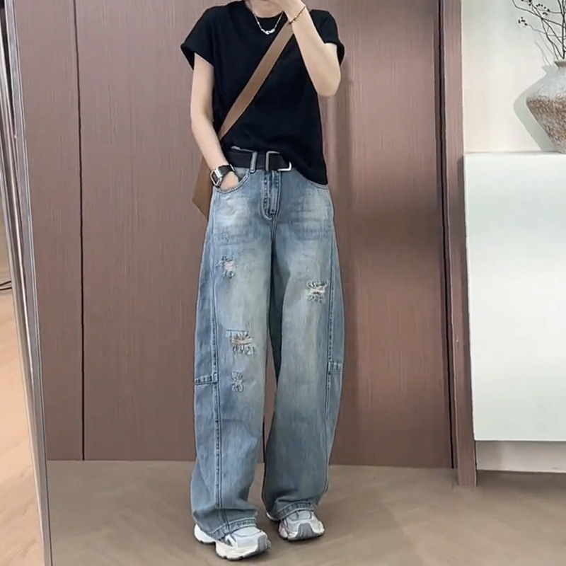 大码破洞阔腿牛仔裤女2025新款夏季薄款胖mm显瘦宽松直筒弯刀裤子|undefined