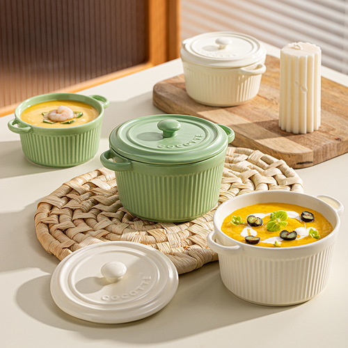 Ceramic Minimalist Striped Double-Eared Covered Steamer Egg Home Use One Person Portion Creative Stew Pot Soup Bowl Baking Bowl Soup Bowl Tableware
