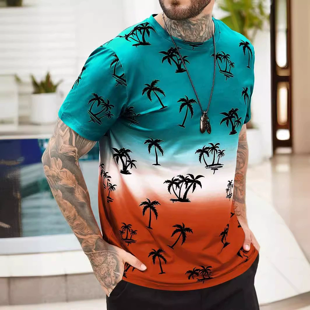 Трансграничный экспорт, простая цветовая гамма, футболка с короткими рукавами с 3D-принтом кокосовой пальмы, европейская и американская спортивная мужская одежда больших размеров, производитель источника