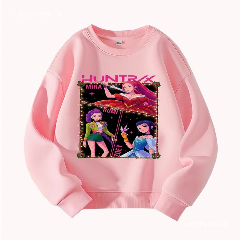 Merry Christmas Kids Crew Neck Sweatshirts with Cute Demon Hunter Cartoon Design Perfect for Holiday Fun