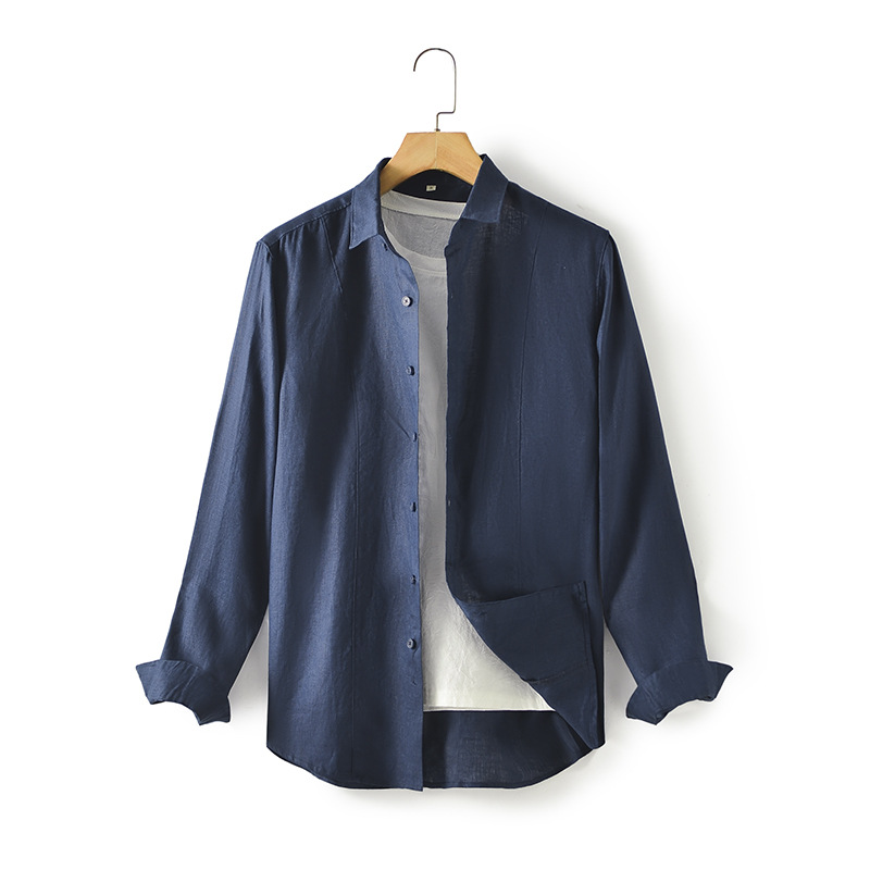 Camisa de Lino de Manga Larga para Hombre, Primavera 2025, Nueva, Holgada, Informal, con Cuello Camisero, Color Sólido, E008