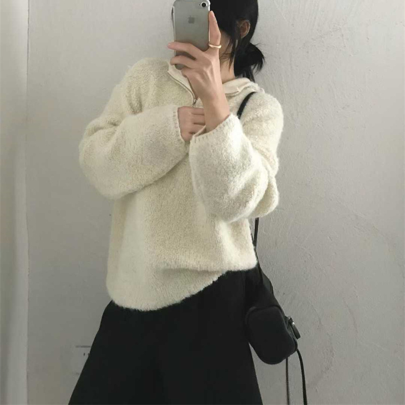 韩版纯色圈圈纱半拉链连帽套头毛衣女2025秋冬新款宽松针织衫上衣