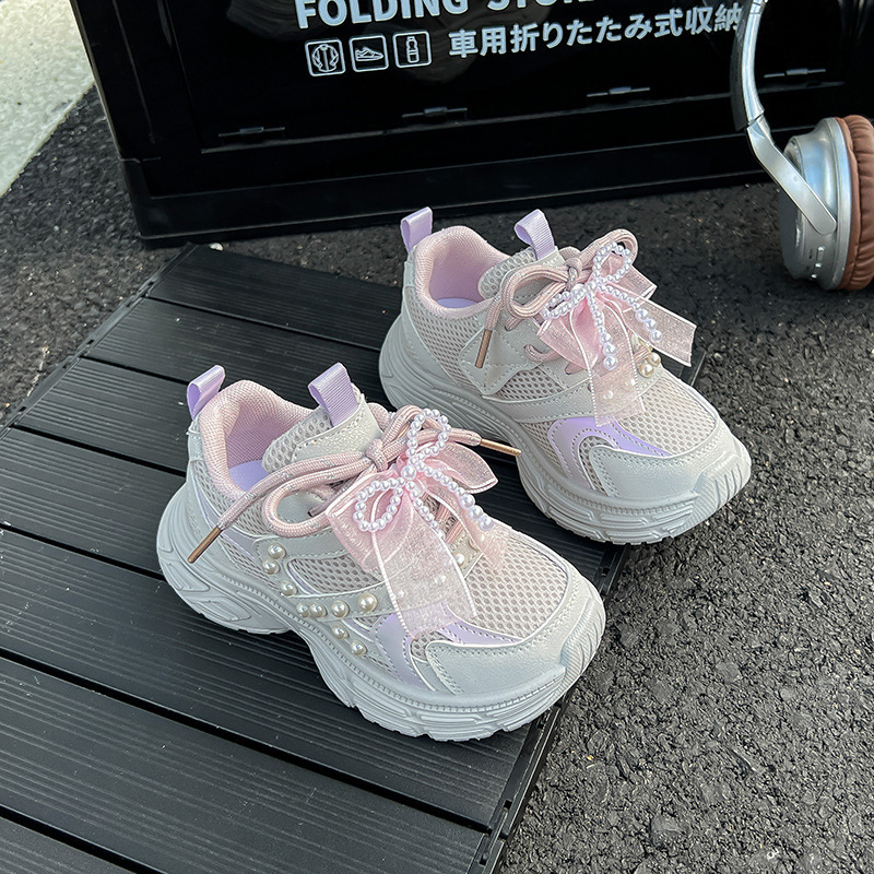 女童珍珠蝴蝶结小女孩运动鞋2025秋季新款儿童百搭网面透气老爹鞋|undefined