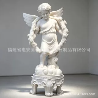汉白玉小天使石雕摆件 欧式抱花环丘比特天使雕塑人物雕像定制