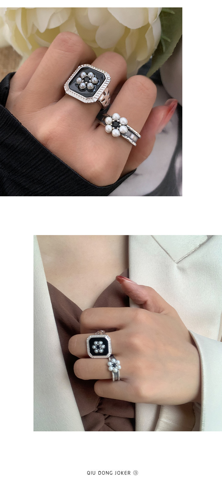 Hong Kong Stil Schwarz Emaille Blumen Silber Ring Retro Trend_voghion.com