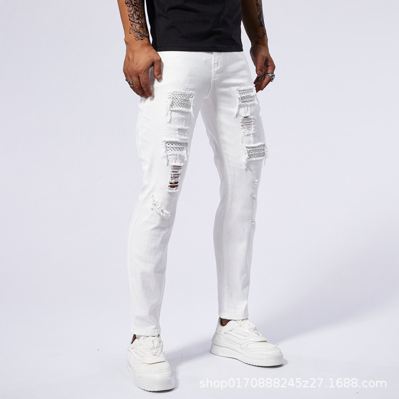 One-Piece Drop-Shipping White Ripped Jeans for Men, Trendy Brand, Stretchy Skinny Pants, Trendy Cross-Border Foreign Trade Amazon
