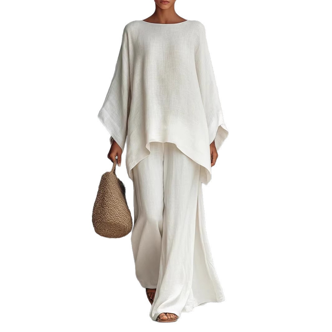 Breathable Linen-Blend Batwing Sleeve Shirt And Wide-Leg Pants Set For Women, Comfortable Office To Casual Wear, Available In Multiple Colors_ecoleips.com