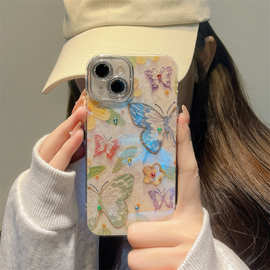 适用iphone15promax简约油画彩色蝴蝶花朵手机壳14带镜头膜保护套