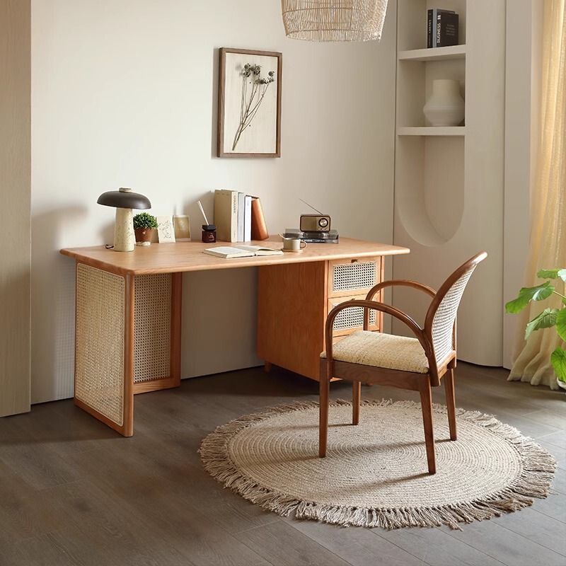 White wax wood desk bedroom log rattan study desk home with drawer locker computer desk rattan net writing desk