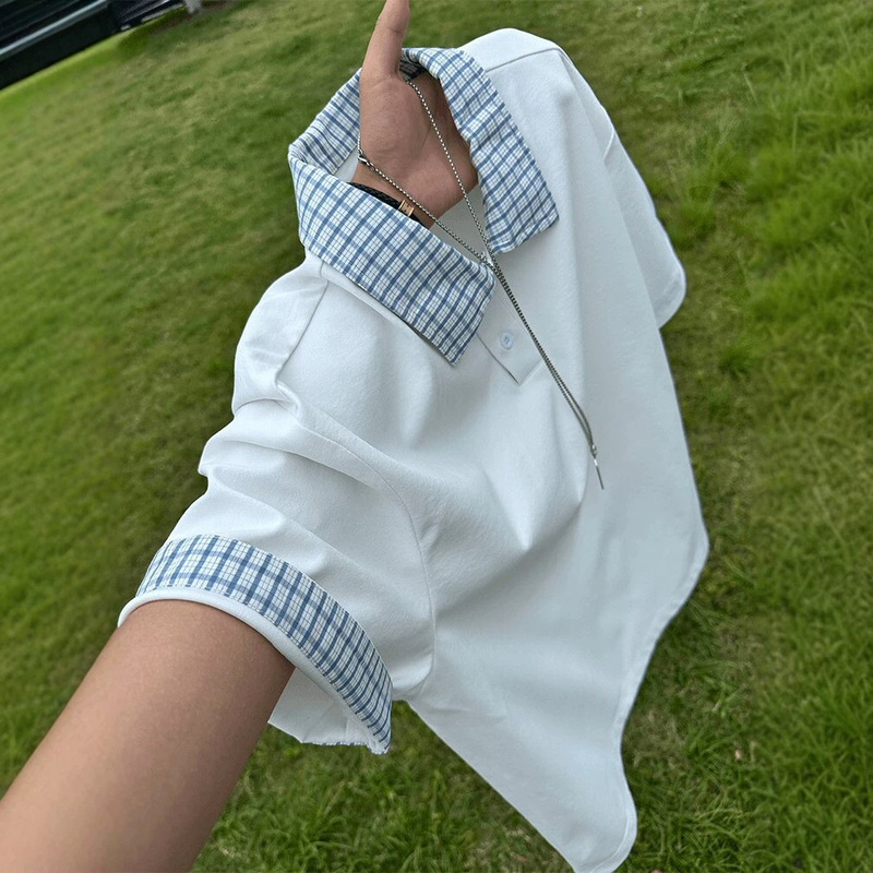 American Retro Plaid Polo Shirt Short-Sleeved Men's Summer Sports Casual T-Shirt College Style Loose Half-Sleeved Top