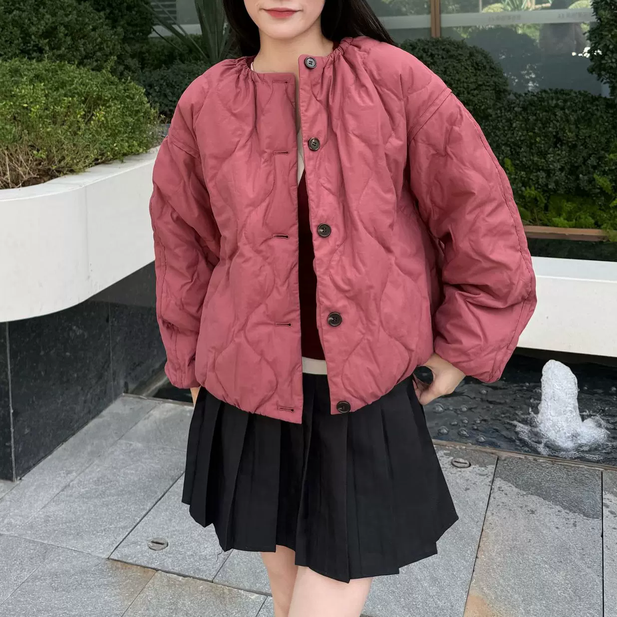 C家休闲版型绗缝羽绒服夹克圆领上衣橡皮红26冬季新品 1323837003