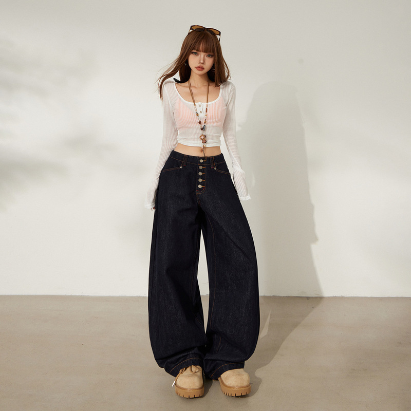 Retro Low-Waist Dark Blue Wide-Leg Jeans for Women 2025 Autumn and Winter New American Style Buttoned Loose Silhouette Scimitar Pants