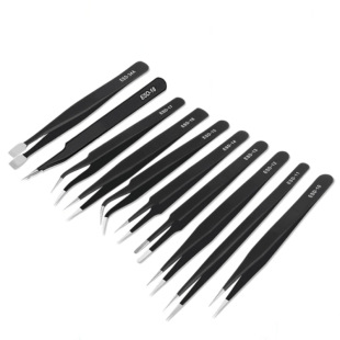 Stainless steel precision ESD tweezers 1.5mm black pointed elbow straight Bird's Nest pick hair clip eyelash anti-static