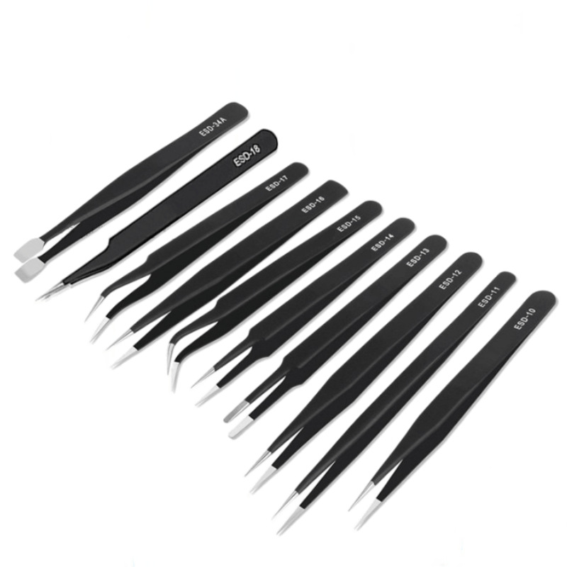 Stainless steel precision ESD tweezers 1.5mm black pointed elbow straight head bird's nest hair curler eyelashes anti-static