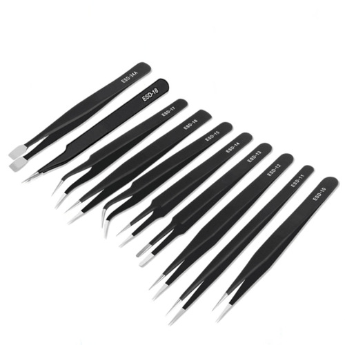 Stainless steel precision ESD tweezers 1.5mm black pointed elbow straight head bird's nest hair curler eyelashes anti-static