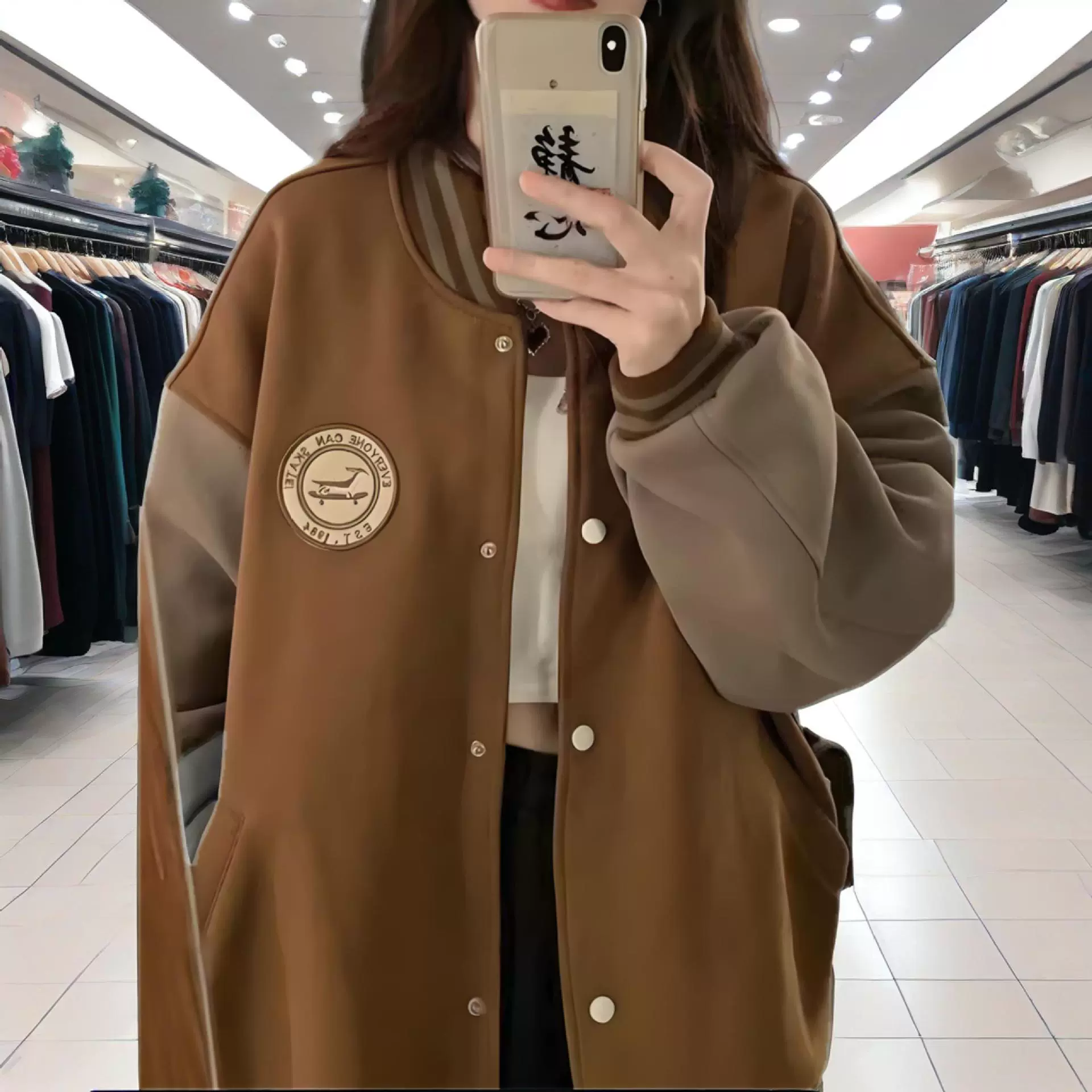 跨境慵懒风棒球服外套女秋冬加绒加厚复古宽松休闲开衫卫衣ins潮1