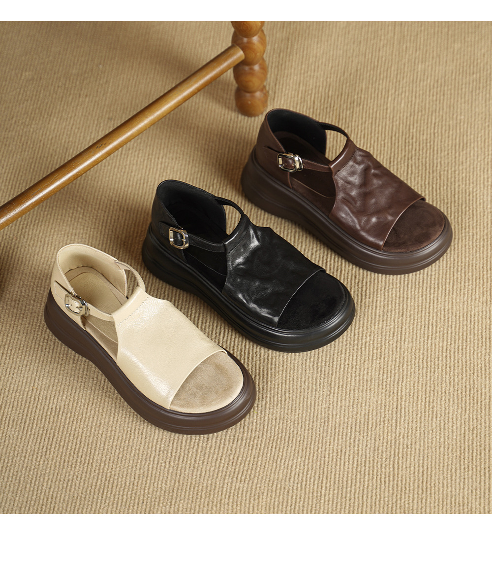 Sandal cao gót nữ hở mũi da bò đế dày quai ngang khóa — Khóa thắt lưng màu đen, Khóa thắt lưng màu nâu, Velcro màu mơ, Giấy dán ma thuật màu nâu chi tiết 13
