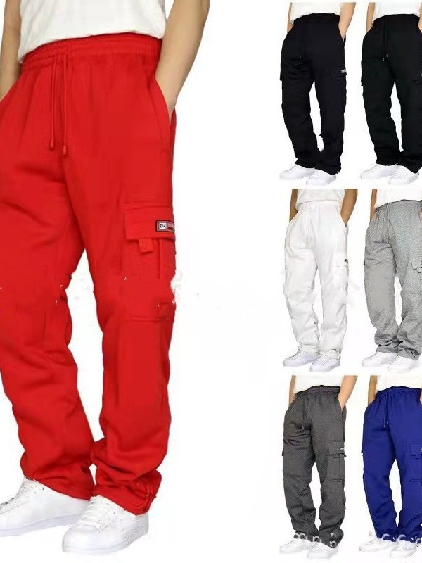 Nuevos pantalones casuales deportivos de moda transfronterizos pantalones sueltos de encaje multibolsillos con forro polar para hombres