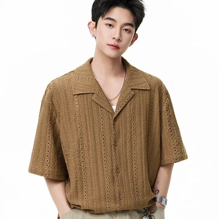 Old Money Style Cuban Collar Hollow-Out Shirt for Men and Women, Summer High Street Design Short-Sleeve Shirt, Retro Loose Half-Sleeve Top